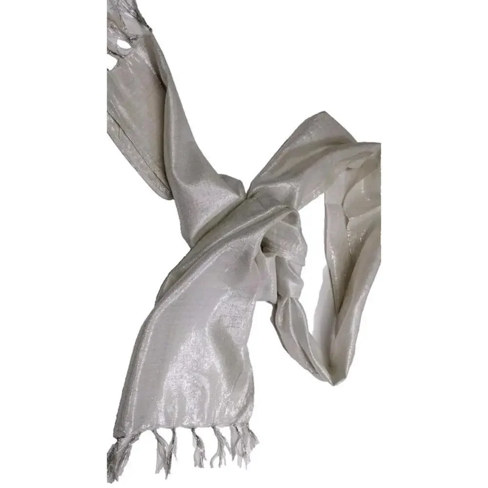 1970s Silver Metallic Long Scarf 70s GLAM UNISEX RAYON FRINGE SCARF DISCO ERA